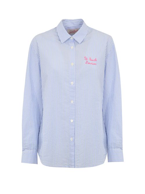 Camicia Brigitte a righe in seersucker con stampa Snoopy Blu/Bianco Mc2 Saint Barth | BRIGITTE EMBRY04331H SEERSUCKER SNOOPY